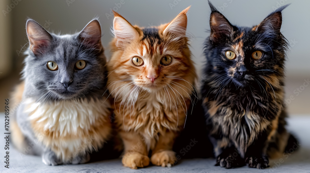 Three cats looking at the camera. Selective focus. Shallow depth of field. 