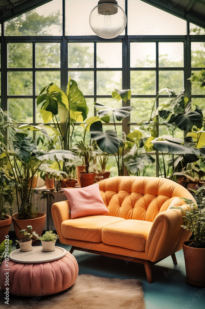 Orange sofa in greenhouse. Scandinavian home interior design of modern living room with many houseplants, Generative AI