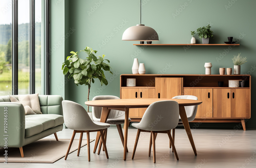 Mint color chairs at round wooden dining table in room with sofa and cabinet near green wall. Scandinavian, mid-century home interior design of modern living room, Generative AI Mint color chairs at round wooden dining table in room with sofa and cabinet near green wall. Scandinavian, mid-century home interior design of modern living room, Generative AI