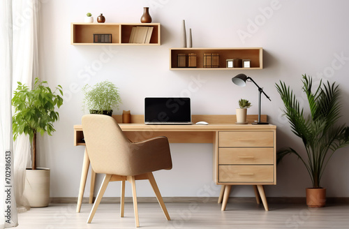 Modern home office with wooden desk and office chair against of white wall. Scandinavian interior design of modern living room with comfortable workplace, Generative AI © Eduardo
