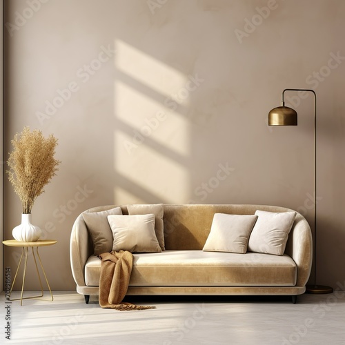 Minimalist home interior design of modern living room. Beige velvet sofa and floor lamp against wall with copy space, Generative AI