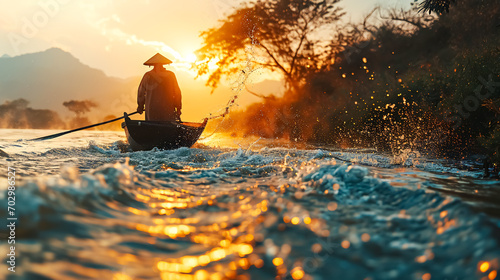 an asian fisherman is fishing with a net in the river in the forest. he hunts at sunset in autumn, wearing his local clothes and hat in the boat or canoe. photo