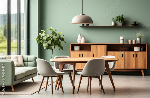 Mint color chairs at round wooden dining table in room with sofa and cabinet near green wall. Scandinavian, mid-century home interior design of modern living room, Generative AI