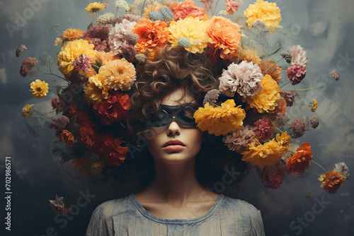 A girl with a blindfold and a huge bouquet of flowers in her hair. Generated by artificial intelligence © Vovmar