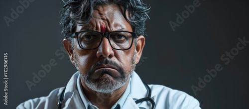 An apprehensive middle-aged Indian man, dressed as a doctor with a stethoscope, displays skepticism and nervously frowns due to a troubling issue, exhibiting a negative attitude. photo