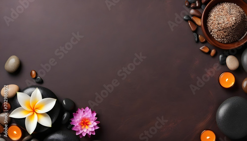 Spa brown background with massage stones, exotic flower and copy space created with generative ai