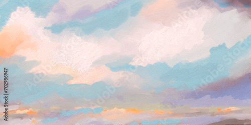 Impressionistic Long Seascape Landscape of Clouds Over Lake Sea Water with Cheerful Orange blooms, Colors of Light Blue, Lavender & Orange, Art, Artwork, Digital, Painting, Design, Illustrations,
