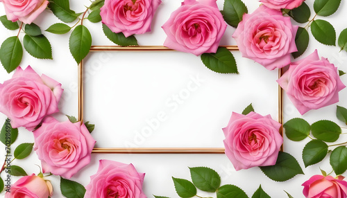 Rectangle frame of fresh pink tea rose flowers with green leaves on white background isolated. Top view, flat lay for valentine's day,created with generative ai