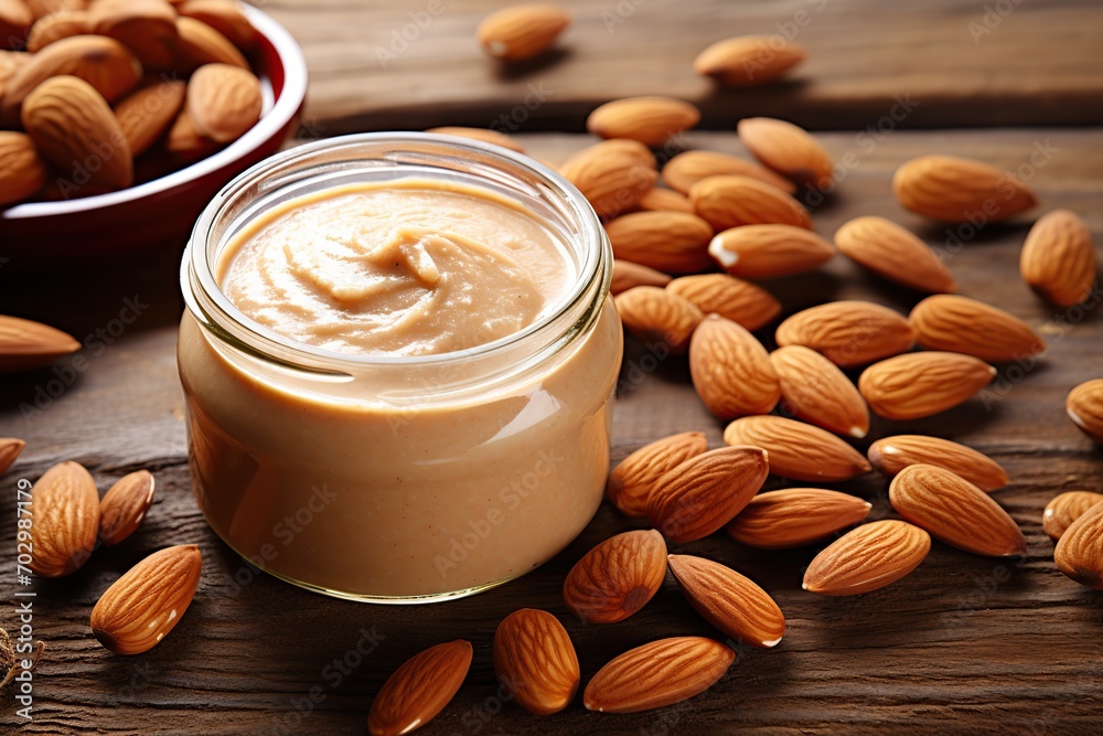 Glass jar of almond butter on wooden background Glass jar of almond butter on wooden background