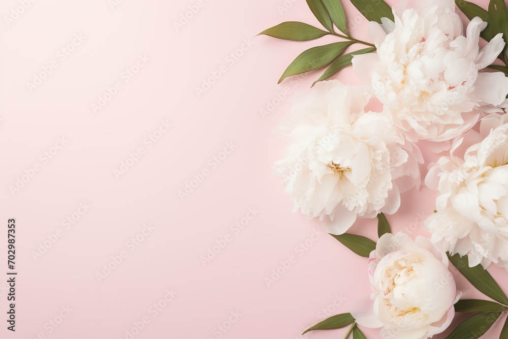 Flat lay of white peony flowers with copyspace on pink background - obrazy, fototapety, plakaty 