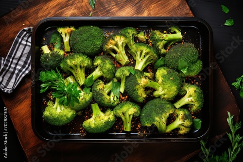 Green roasted broccoli in pan