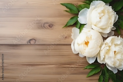 Flat lay of white peony flowers with copyspace on wooden background © Alina