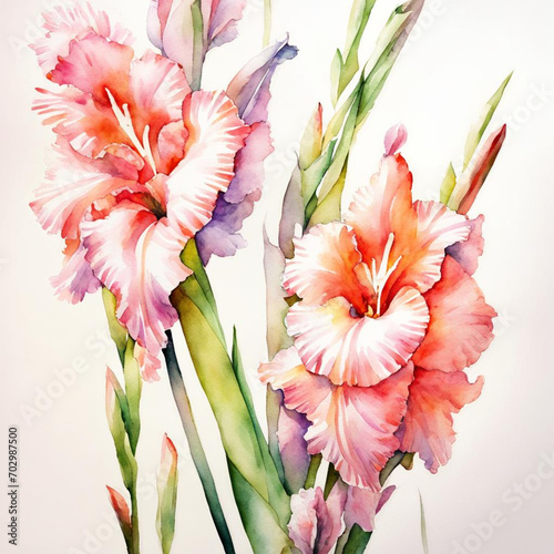 Gladiolus buds watercolor illustration. Gladiolus bouquet. Blooming gladioli. Flowers. Summer, August. Mother's Day, Birthday. For printing on greeting cards, invitations, stickers.