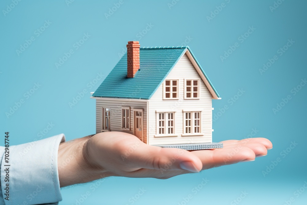 Small wooden house on female hand on blue background Small wooden house on female hand on blue background