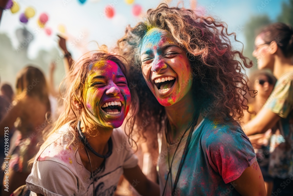 Happy friends with face smeared with colors on holi festival