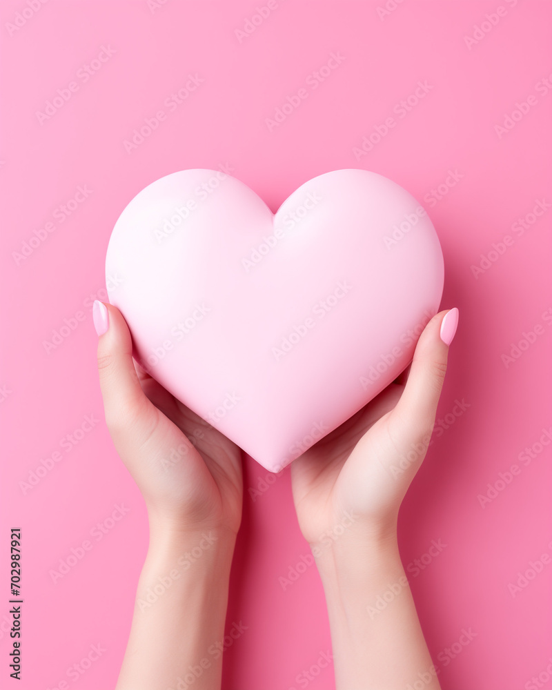 Woman hands holding heart on the pink background. Minimalism. Minimal love and women's day idea Woman hands holding heart on the pink background. Minimalism. Minimal love and women's day idea