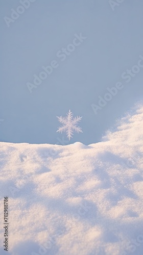 A close-up of a snowflake lying in the snow. Sunny winter day and clear blue sky. © AI Studio