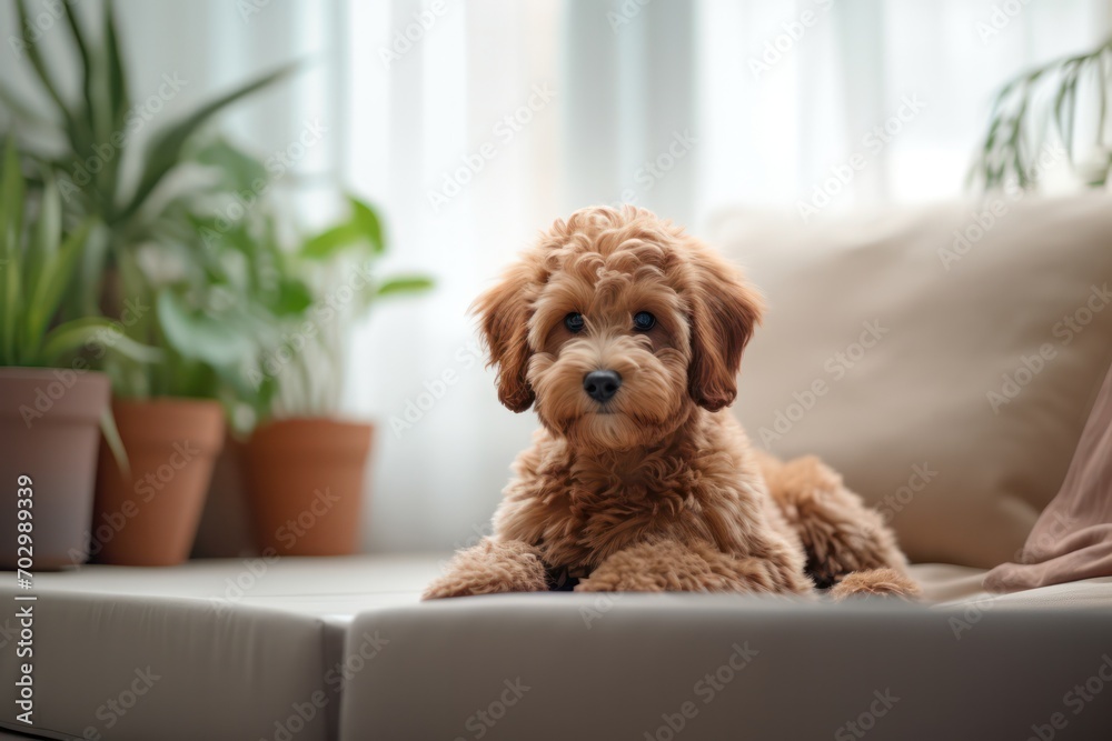goldendoodle puppy dog at minimal home interior on the beige couch