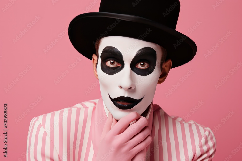 portrait of a mime artist in black cylinder hat on pink background, looking confident. Self-awareness, self-esteem, making fun of yourself and self-irony. portrait of a mime artist in black cylinder hat on pink background, looking confident. Self-awareness, self-esteem, making fun of yourself and self-irony.