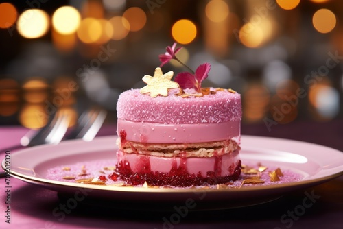fancy pink dessert with golden glitter on top at dessert bar