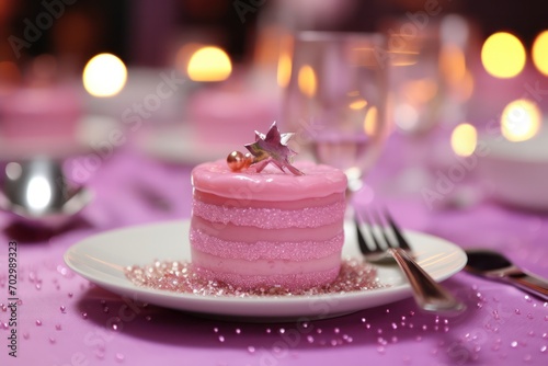 fancy pink dessert with golden glitter on top at dessert bar