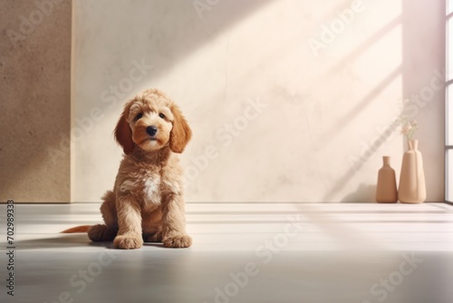 goldendoodle puppy dog at minimal home interior sitting on the floor photo
