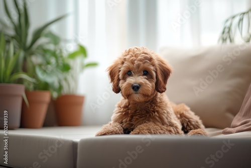 goldendoodle puppy dog at minimal home interior on the beige couch