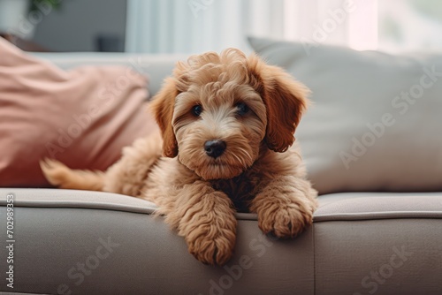 goldendoodle puppy dog at minimal home interior lying on beige couch photo