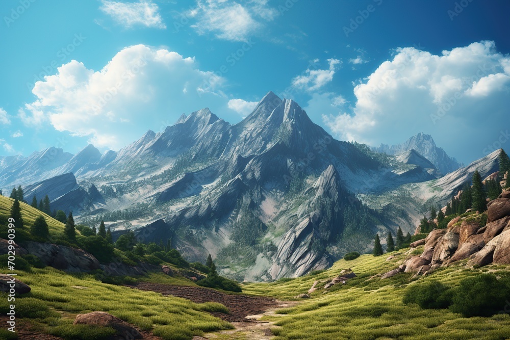 Illustration of mountain peak and green landscape