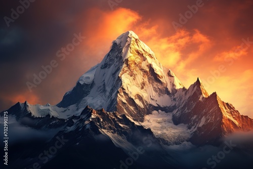 Mountain peak covered by snow on sunset sky background