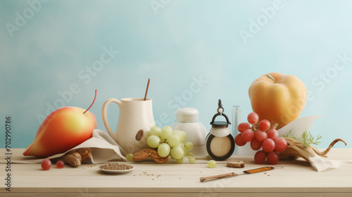  a wooden table topped with a vase filled with fruit and a bowl of fruit next to a pile of salt and pepper shakers.