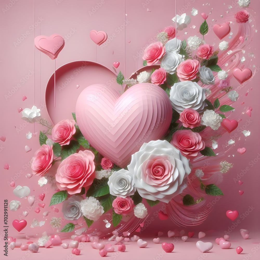 Pink heart with white and pink roses cascading diwn the side with floating hearts in the background.
