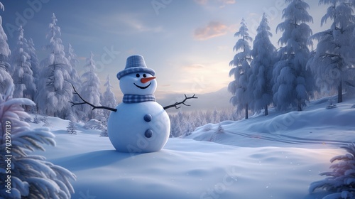 Winter Magic: Whimsical Snowman with Hat and Scarf. Generative AI © Paul