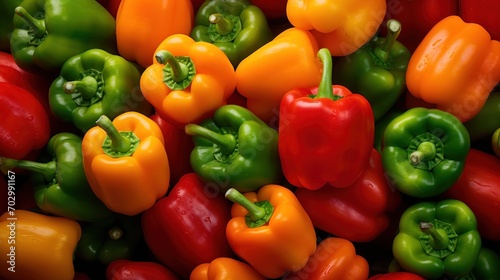  a pile of red, orange, and green peppers with a green stalk in the middle of the group of peppers. photo