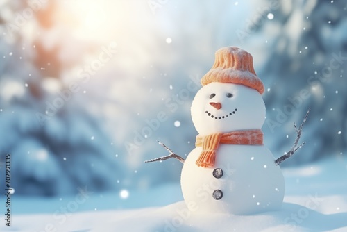 Snowman Delight: Enchanting Winter Scene with Knitted Accessories and falling snow. Generative AI
