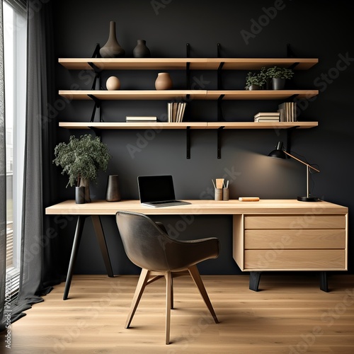 Workplace with wooden desk and black chair against of black wall with shelving unit. Interior design of modern scandinavian home office, Generative AI photo
