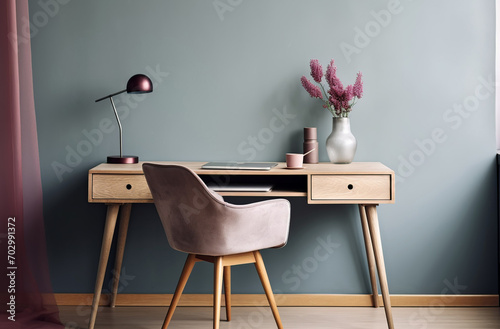 Home workplace with wooden drawer writing desk and grey fabric chair near turquoise wall with copy space. Interior design of modern scandinavian home office, Generative AI photo