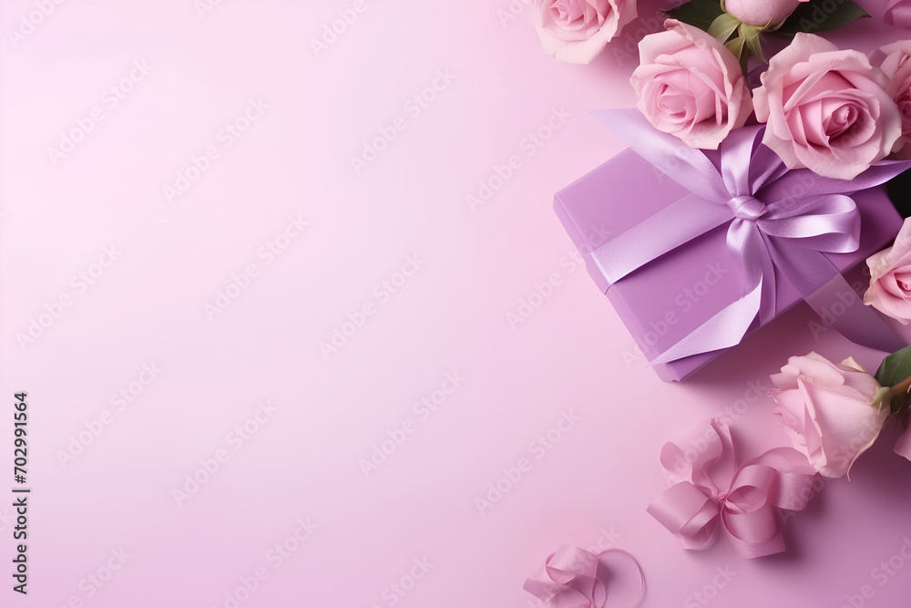 Top view gift box on pink background with roses, Mother's day, Valentine's day, March 8 and Women's Day banner concept with copy space for text Top view gift box on pink background with roses, Mother's day, Valentine's day, March 8 and Women's Day banner concept with copy space for text