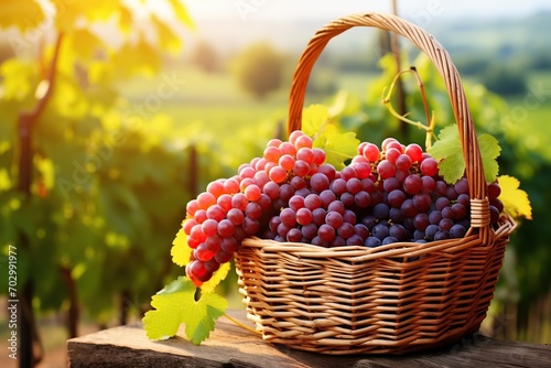 Ripe red grapes in basket on vineyard background
