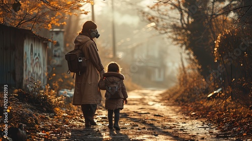 A picture of a gloomy post-apocalyptic future, a mother and daughter in gas masks go home with backpack photo