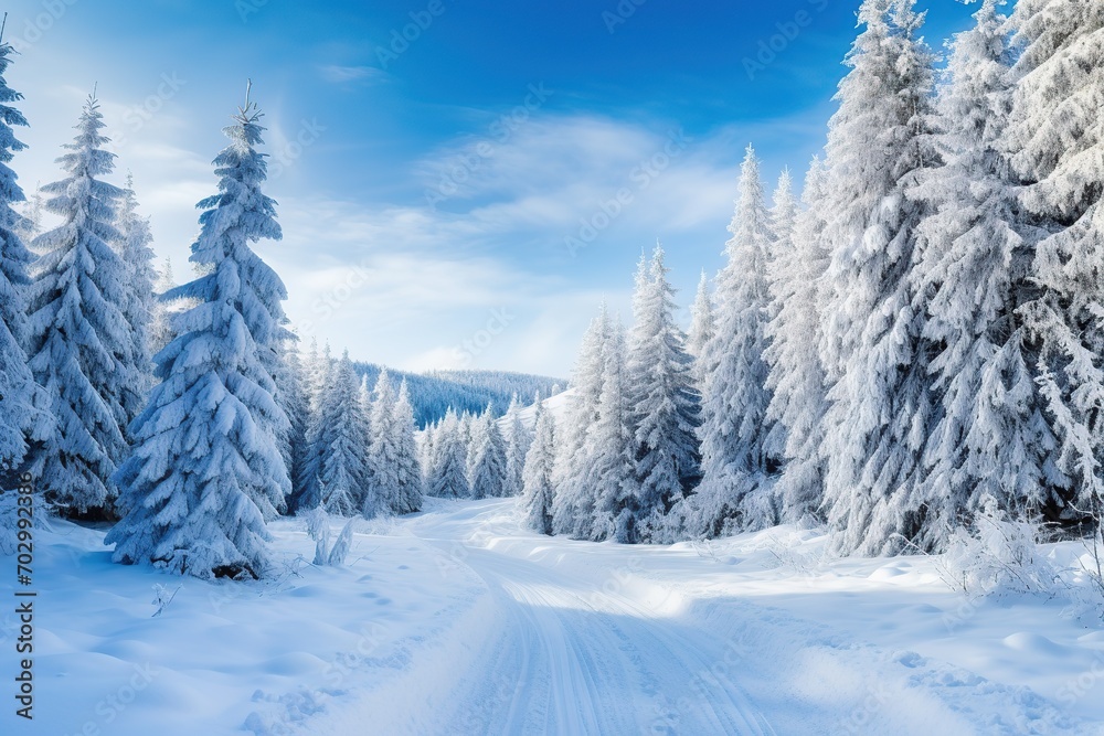 Fototapeta premium Snowy winter road in forest. Beautiful winter landscape