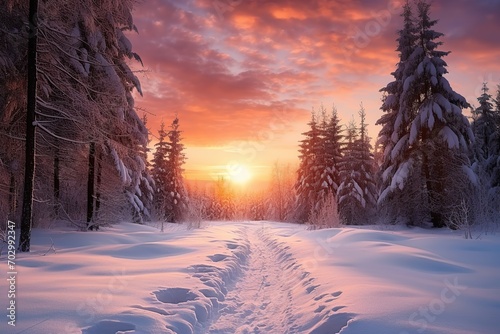 Snowy winter road in forest on sunset sky background. Beautiful winter landscape