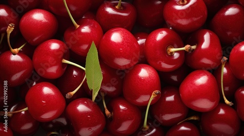  a close up of a bunch of cherries with a green leaf on the top of one of the cherries.