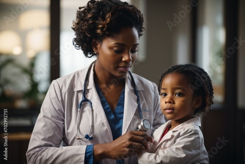 Afro-descendant pediatrician taking care of a patient, a girl. Image that demonstrates affection and professionalism