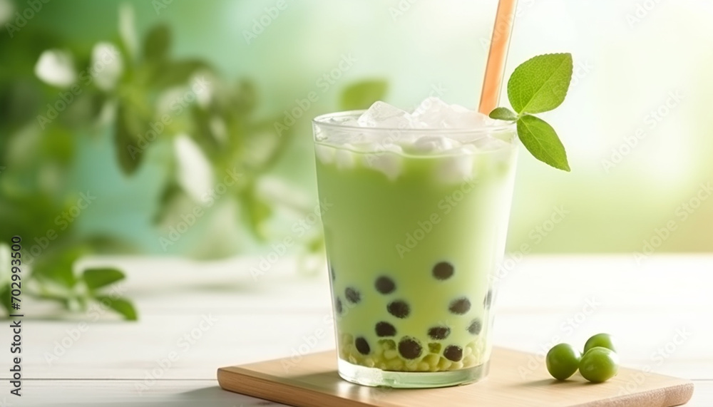 Green matcha bubble tea with ice cubes in cup on white wooden table over light green background softlight. Antioxidant and dietary vegan cocktail for healthy breakfast or snack