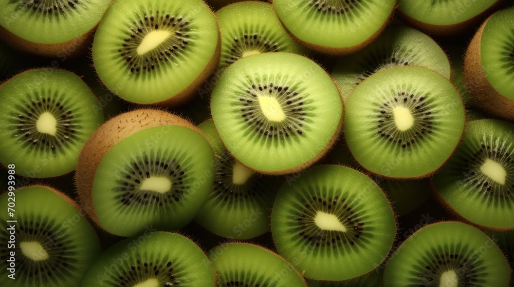 a pile of sliced kiwis sitting next to each other on top of a pile of other kiwis. a pile of sliced kiwis sitting next to each other on top of a pile of other kiwis.