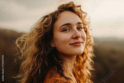 Portrait of a young woman with long curly wavy hair, standing outdoors © Florian