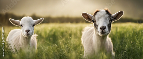 Adorable young goats relax in grassy field