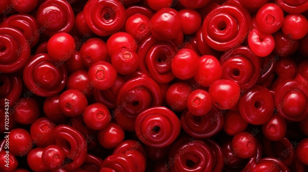 a close up view of a bunch of red cherries with holes in the middle of the top of the cherries. a close up view of a bunch of red cherries with holes in the middle of the top of the cherries.
