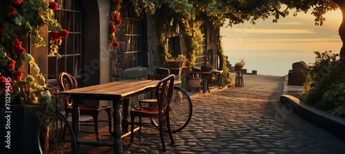 Coastal promenade with cafes, umbrellas, and bicycles for outdoor dining and leisurely activities